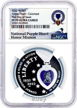 2022 W Purple Heart Colorized 1 Oz Silver Proof $1 NGC PF70 FIRST DAY OF ISSUE