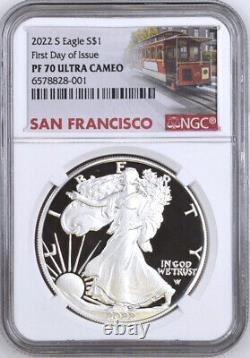 2022 s proof silver eagle ngc pf70 uc first day of issue trolley label with coa