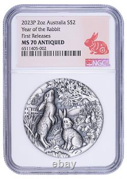2023 $2 Australia Lunar Rabbit 2oz Silver NGC MS70 Antiqued First Releases
