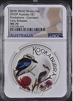 2023 Australia Berlin Kookaburra World Money Fair WMF 1 oz Silver MS70 NGC ER
