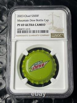 2023 Chad 500 Francs Mountain Dew Bottle Cap NGC PF69 Ultra Cameo WithOriginal Box