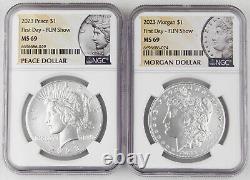 2023 Morgan & Peace Silver Dollar $1 Two Coin Set NGC MS69 FUN Show First Day
