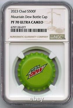 2023 Mountain Dew Bottle Cap. 999 Silver 6g Chad Coin NGC PF70 Mtn Dew JP444