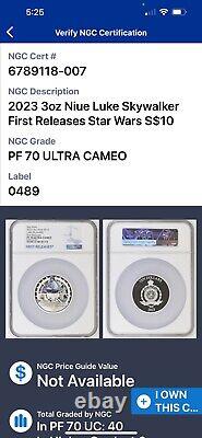 2023 Niue S$10 Star Wars Luke Skywalker 3 Oz FR NGC PF70 Ultra Cameo Box COA OGP