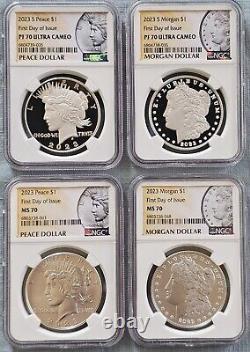 2023 S/(p) Peace & Morgan Dollars Ngc Ms70/pf70 Fdoi (4) Coin Set Omp Inc