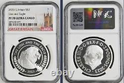 2023 UK £2 1oz SILVER LION AND EAGLE NGC PF70 MERCANTI DESIGNED