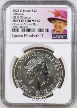 2023 uk 2 pound silver britannia with qe II effigy mint error ms69 struck thru
