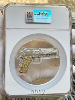 2024 Chad 2oz Silver Coin. 45 Caliber 1911 Pistol Handgun Shaped Gilded NGC MS69