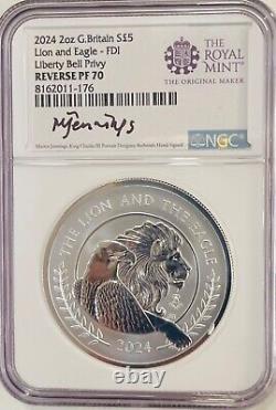 2024 Gr Britain £5 Lion & The Eagle 2 Oz Liberty Bell NGC REV PF70 FDI Jennings