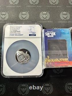 2024 Niue 2 oz Silver Antiqued Discovery Shark Week Great White Shark NGC MS70