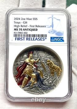 2024 Niue Troya 2 oz Silver Antiqued with Gold Gild & Color NGC MS70 Antiqued FR