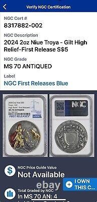 2024 Niue Troya 2 oz Silver Antiqued with Gold Gild & Color NGC MS70 Antiqued FR