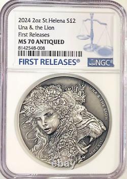 2024 St. Helena £2 UNA AND THE LION 2 Oz UHR Silver NGC MS70 ANTIQUED FR POP 8