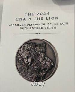 2024 St. Helena £2 UNA AND THE LION 2 Oz UHR Silver NGC MS70 ANTIQUED FR POP 8