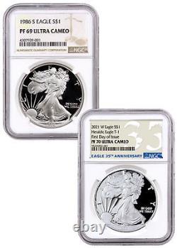 2PC 1986 & 2021 S + W Proof Silver Eagle Type 1 NGC PF69 & PF70 UC FDI 35th