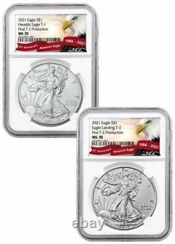 2PC 2021 Silver Eagle Final T1 First T2 Production NGC MS70 35th Anniversary