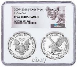 2pc 2021 S Proof American Silver Eagle Type 1 & Type 2 NGC PF69 UC Rev PRESALE