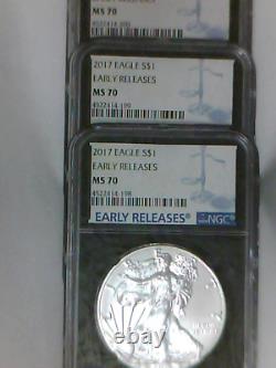 3-2017 Silver Eagles E. R. NGC MS70 cert. #s in sequence-scratch-free cases NICE