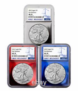 3 Coin Set 2022 American Silver Eagle NGC MS70 FR Patriotic Foil Core
