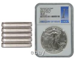 5 Coins 2021 W Burnished Silver Eagle Type 2 NGC MS70 First Day of Issue Label