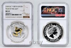 AUSTRALIA $1 2003 1 oz Fine Gilt Silver'Lunar Year of the Goat' NGC MS69