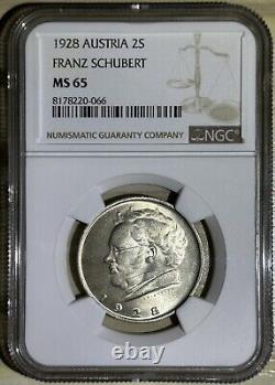 Austria 1928 2 Schilling Silver Coin Musician Franz Schubert NGC MS 65 Top Pop