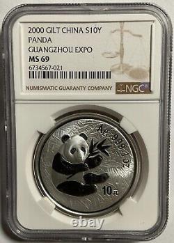 China 2000 1oz Silver Panda Coin Guangzhou Coin Expo, NGC MS69