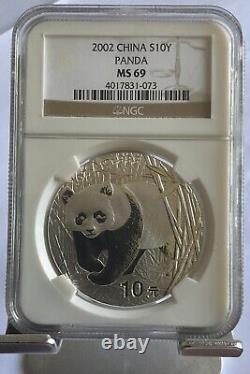 China 2002 1oz Silver Panda Coin, NGC MS69