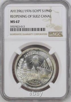 Egypt, Silver 1 Pound Suez Canal Reopening 1976 Ngc Ms 67, Rarel