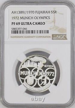 Fujairah, Silver 5 Riyals 1970 Munich Olympics Ngc Pf 69 Uc, Rareu