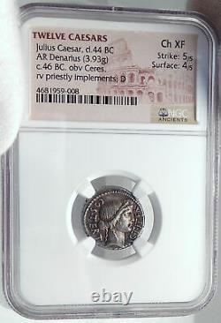 JULIUS CAESAR Authentic 46BC Ancient Silver Roman Coin THAPSUS BATTLE NGC i81521
