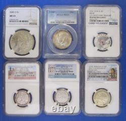 (Lot of 6) Various Certified PCGS/NGC Slabbed UNC. Silver, Proof, Enhanced Coins