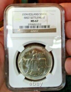 MS 67-NGC-1974 ICELAND FIRST SETTLEMENT Silver 500 Kronor Coin -TONED-FREE SHIP