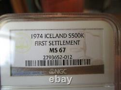 MS 67-NGC-1974 ICELAND FIRST SETTLEMENT Silver 500 Kronor Coin -TONED-FREE SHIP