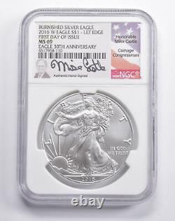 MS69 2016-W Burnished Silver Eagle Lett. Edge FDOI Anniv Signed Castle NGC 2569