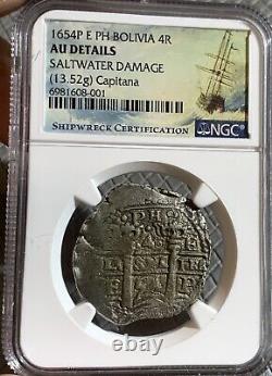 NGC AU Capitana Shipwreck 1654 Spanish Bolivia 4 Reales Silver Cob Coin