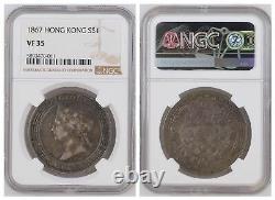 NGC Hong Kong 1867 One Dollar Queen Victoria Silver Coin Scarce Nice Toned VF35