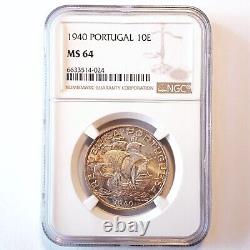 NGC MS64 Portugal 10 escudos 1940 coin (SILVER!)