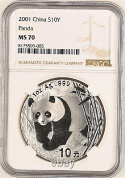 NGC MS70 No D 2001 Silver Panda coin 1Oz S10 yuan, No D mark