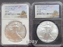 PAIR 2022 W Burnished $1 Silver Eagle NGC MS70 First Day of Issue Iwo Jima%%