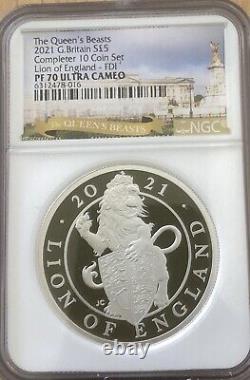 PF70 FDOI 2021 UK COMPLETE 10 COIN SET Queen's Beast 2 oz Silver Proof FIRST DAY