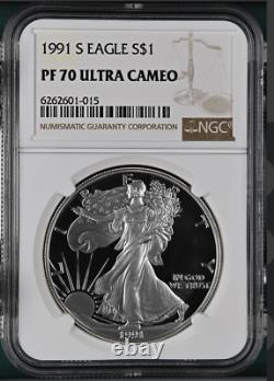 PF70 UCAM 1991-S American Silver Eagle Brown Label NGC Spot Free White