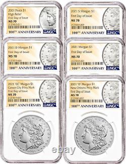 Preasle 2021 Morgan and Peace Dollar NGC MS70 First Day of Issue 6pc Set