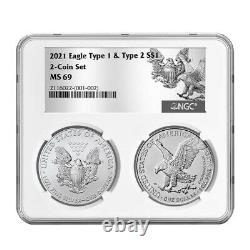 Presale 2021 $1 Type 1 and Type 2 Silver Eagle Set NGC MS69 T1 T2 Label