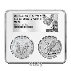Presale 2021 $1 Type 1 and Type 2 Silver Eagle Set NGC MS70 FDI T1 T2 Label