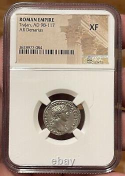 Roman Empire Trajan AD 98-117 AR Denarius NGC XF Ancient Rare Coin