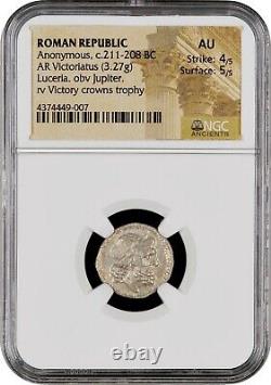 Roman Republic SCARCE Anonymous Moneyer NGC AU 4/5 5/5 AR Victoriatus 211BC 56