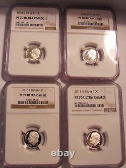 SILVER Proof 10C NGC- PF 70 1998,2008,2010,2018 Roosevelt Dimes. 4Coins