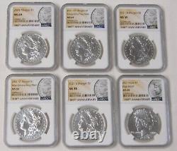 Set Of 6 2021 Morgan & Peace Dollars Ngc Ms69 & Ms70 100th Anniversary Holders