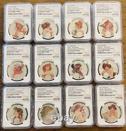 Set of 12 Niue $1 Zodiac Mucha Paintings Colorized 1 oz Silver coins NGC